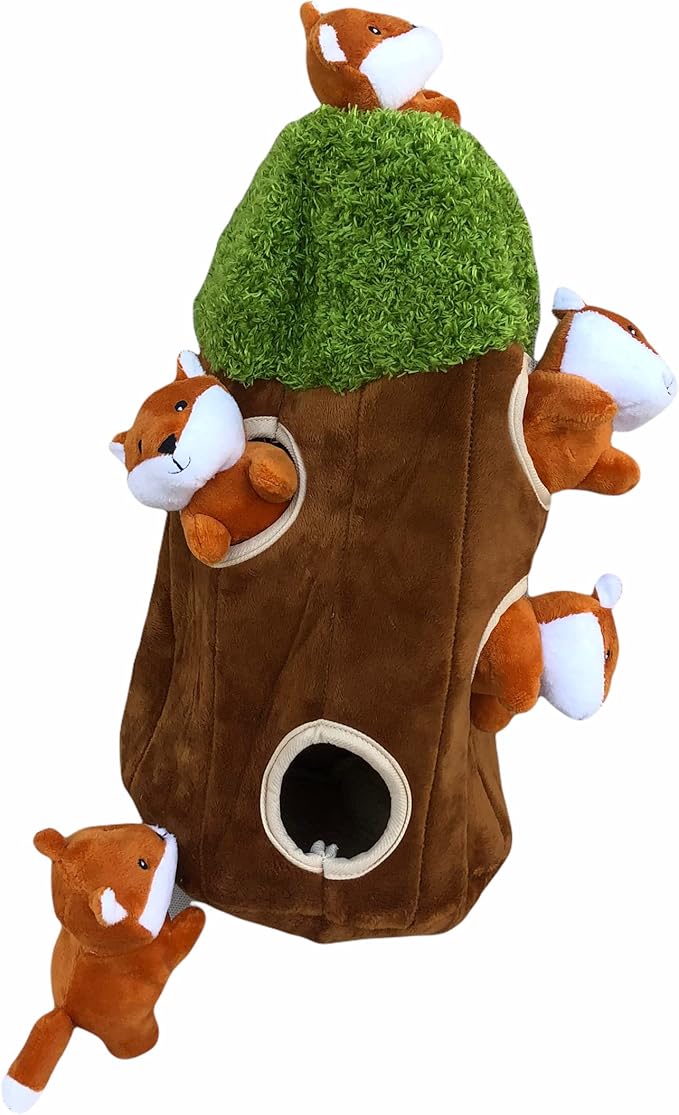 Fox in Tree Hide and Seek Dog Toy for Small and Medium Size Dogs, Plush Fox Inside Trunk Dog Toy with Squeaker, Interactive Burrow Dog Toy (Tree with Fox, Large)