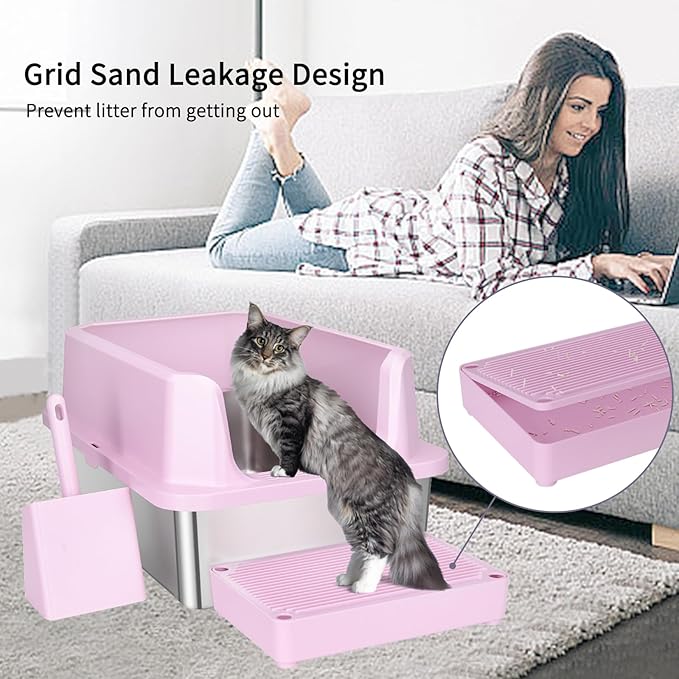 RIZZARI Open Cat Litter Box: Large Pink Stainless Steel Litter Pan with Teflon Non-Stick Coating - High Sided Splash-Proof Easy Clean Toilet for Cats up to 20 lbs - Ideal for Living Rooms - Apartments