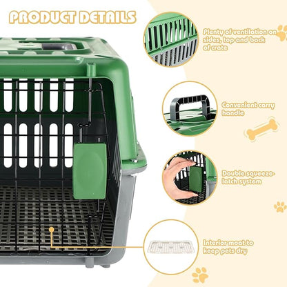 2 Set Travel Pet Carriers for Small Cat Dog Plastic Hard Shell Carrier Cat with Bowl Wire Door Grille Mat Portable Breathable Security Lock Puppy Kennel for Travel Airline, 17.5", up to 13lbs(Green)