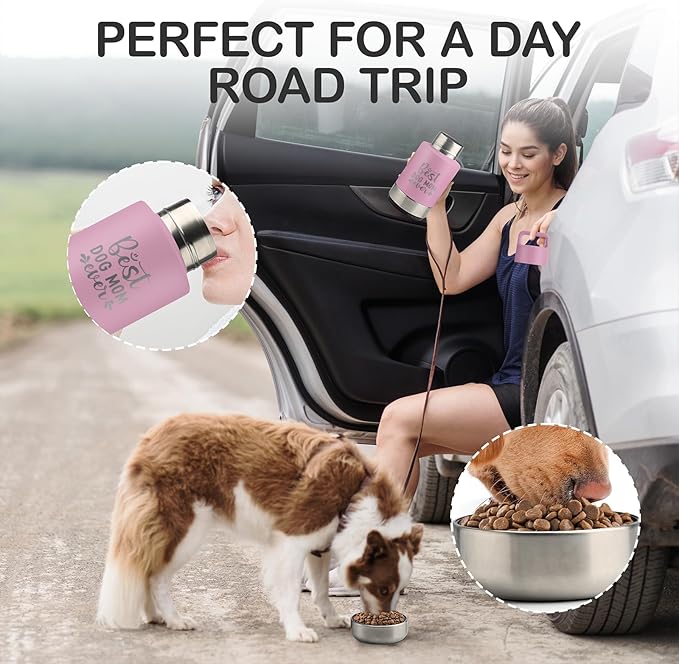 KEWIXY Insulated Dog Travel Water Bottle With Detachable Bowls, Ideal Dog Mom Gifts for Women, Portable Water Bottle Dispenser, For Walking, Hiking, Camping, Outdoor (Pink:Best Dog Mom, 32 Oz)