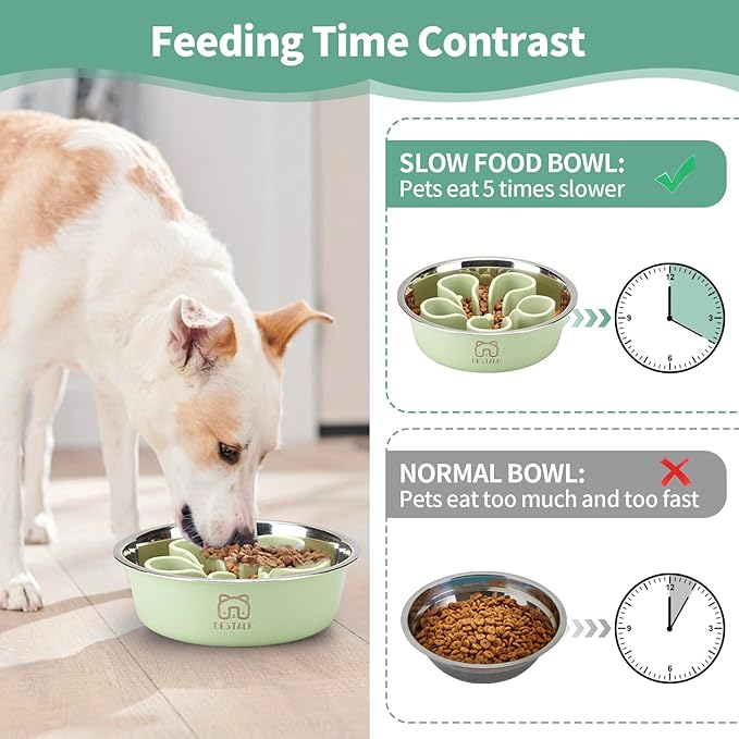 Stainless Steel Slow Feeder Dog Bowl, Bestalk 2-in-1 Metal Dog Bowls with Silicone Slow Feeder Insert for Small, Medium, Large Dogs(Green,1 Cup)