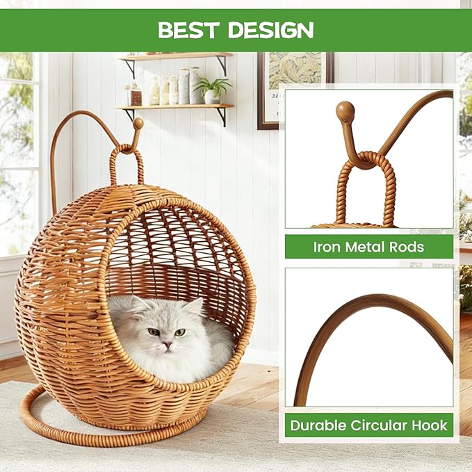 Cat Swing Bed, Cat Egg Chair with Imitation Woven Rattan Appearance, Indoor Hanging Swinging Cat Bed for Cats, Small Dogs, and Small Animals, Brown