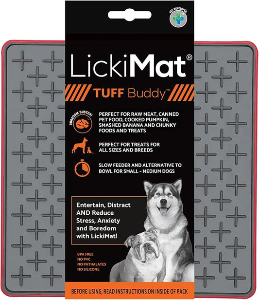 Lickimat Tuff, Heavy-Duty Buddy, Dog Slow Feeder Lick Mat, Boredom Anxiety Reducer; Perfect for Food, Treats, Yogurt, or Peanut Butter, Fun Alternative to a Slow Feed Dog Bowl, Red
