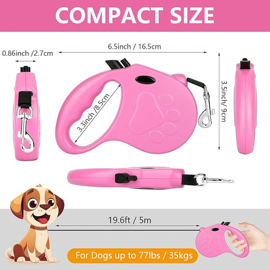 Retractable Dog Leash, 16ft Dog Walking Leash for Small Dogs up to 77lbs, Non-Slip Handle - Pink