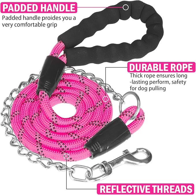 HOMIMP Chew Proof Dog Leash for Medium Large Dogs, Reflective 6 FT Heavy Duty Metal Chain Dog Leashes with Soft Padded Handle, Anti Bite Durable Rope Leashes for Pitbull, Non Chewable