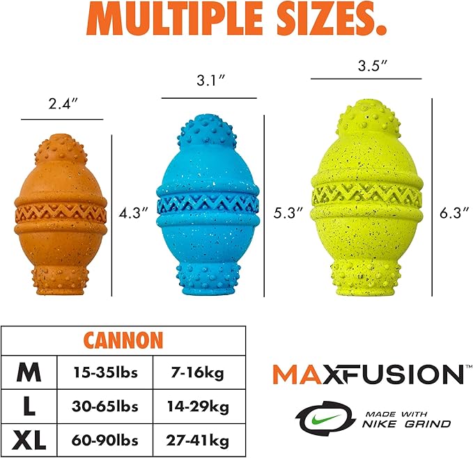 Max Fusion Made with Nike Grind, Arlee Cannon Treat Dispensing Dog Toy for All Dogs, Treat Dispenser, Durable Treat Toys, Natural Rubber Chew Toy, XLarge, Yellow, 1 Count