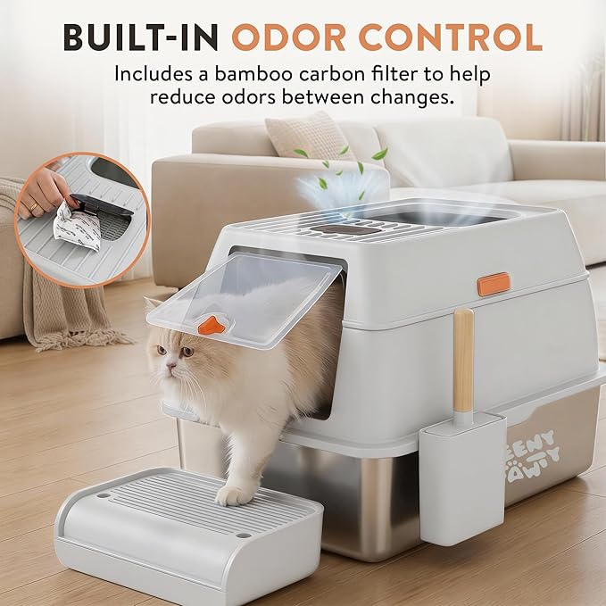 XL Stainless Steel Cat Litter Box with Enclosure and Pooper Scooper - Durable Black Metal Litter Box for Big Cats, High Sides for Anti-Leakage, Never Absorbs Odors, Non-Sticky - (60x40cm) (White)