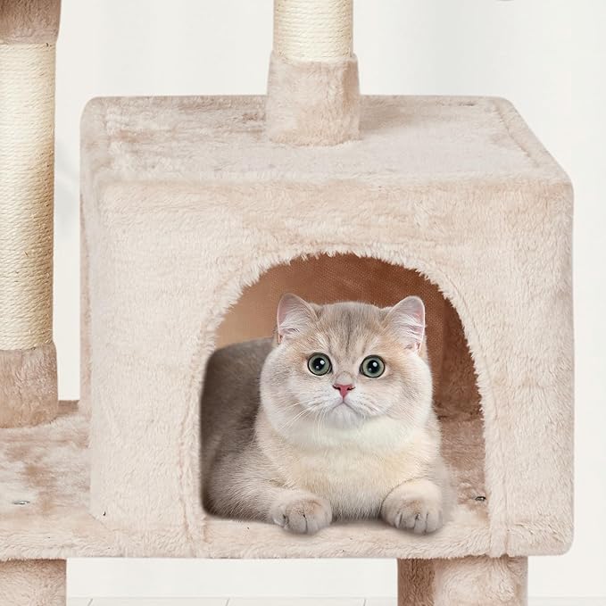 MIAO PAW Cute Cat Tree Tower for Indoor Cat Tower with Scratching Post Modern Activity House Hammock Hanging Ball Condo with Board Beige