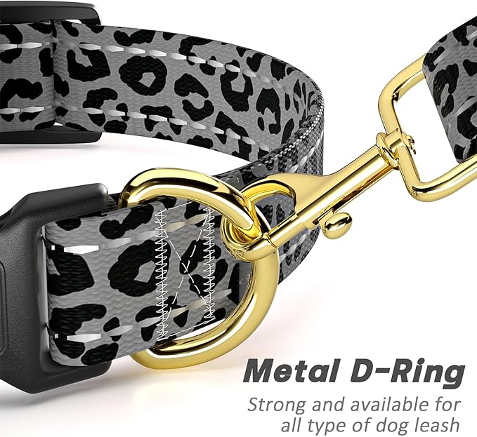 Reflective Dog Collar for Large Dogs, Cute Leopard Style Adjustable Heavy-Duty Nylon Puppy Collar for Boy and Girl Female, Soft Pet Accessories with Quick Release Buckle, Gray