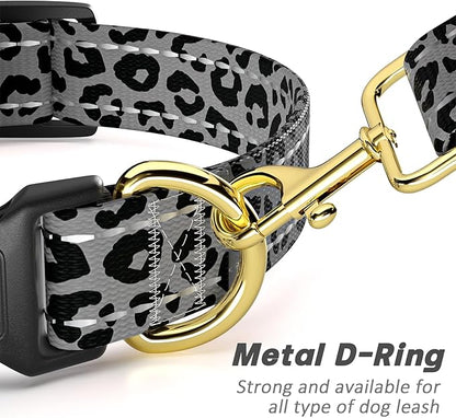 Reflective Dog Collar for Medium Dogs, Cute Leopard Style Adjustable Heavy-Duty Nylon Puppy Collar for Boy and Girl Female, Soft Pet Accessories with Quick Release Buckle, Gray