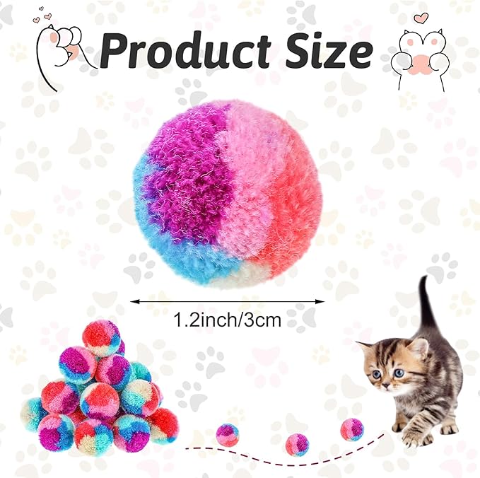 Bremorou 30 Pcs Cat Pom Pom Balls Soft Cat Balls Toy for Indoor Colorful Interactive Rainbow Toy Ball for Indoor Cats Kittens Training Playing Exercising Kitty Pet Interactive Play 1.2 Inches