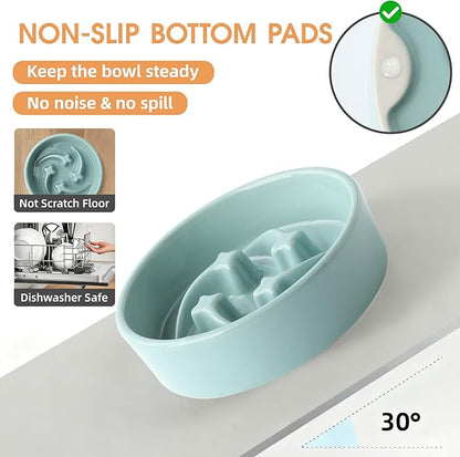 Ceramic Slow Feeder Dog Bowls Small Breed, 0.6 Cups Slow Eating Dog Bowl, Anti-Gulping Puppy Food Bowl Reduce Choking, Puzzle Maze Design Pet Dishes for Fast Eaters, 6.3 inch - Light Green