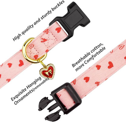 Cotton Handmade Dog Collar Cute and Distinctive Patterns Pink Heart with Pendant for Girl Boy Dogs Collars M