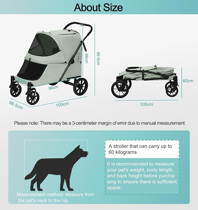 Pet Stroller with Ramp for Large Dogs up to 132lbs, Large Pet Gear for Multiple Dogs/Cats, All-Terrain with Mesh Dual-Window & NO-Zip, Removable Mattress & Slope Pad(Lake Green)