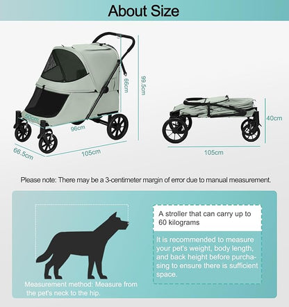 Pet Stroller with Ramp for Large Dogs up to 132lbs, Large Pet Gear for Multiple Dogs/Cats, All-Terrain with Mesh Dual-Window & NO-Zip, Removable Mattress & Slope Pad(Lake Green)