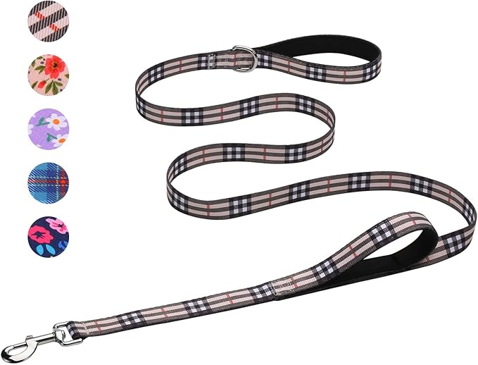 Hikiko Padded Two Handle Dog Leash 6 Ft for Medium Large Dogs, Strong Traffic Handles Lead for Walking Training (Beige Plaid)
