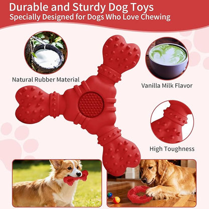 Natural Rubber Dog Chew Toys 4Pack,Tough Dog Toys for Aggressive Chewers Small Medium Breed,Interactive Dog Toys for Puppy to Clean Teeth Gum Massage,Tug & Fetch(Red)