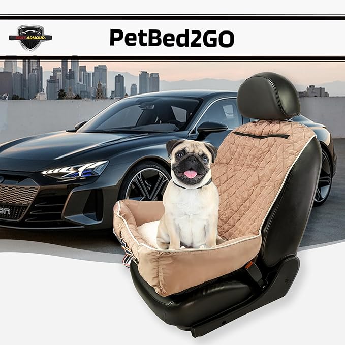 Seat Armour PetBed2Go Tan Car Pet Bed and Seat Cover – Soft, Portable Pet Cushion for Travel – Protects Vehicle Seats from Fur, Dirt & Scratches