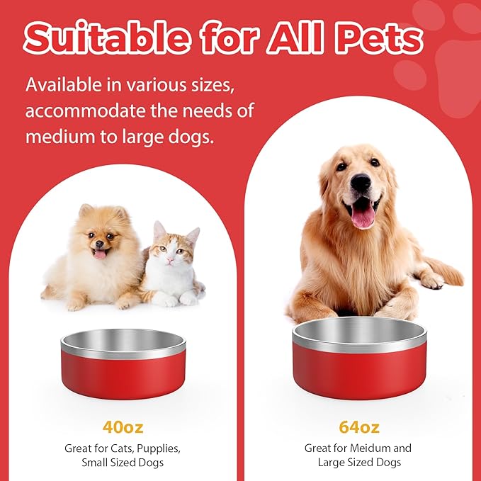 LIANLAI Stainless Steel Dog Bowls, Rust-Resistant Pet Bowls, Non Slip Dog Water Bowl, Versatile Feeding Bowls (Red，40 oz)