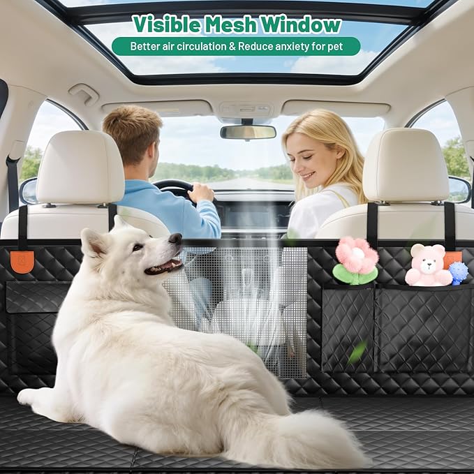 Dog Car Seat Cover for Back Seat,Waterproof Back Seat Extender for Dogs with Hard Bottom,Dog Hammock for Cars, SUVs,Pet Seat Cover for Back Seat Holds 400lbs with Mesh Window & Pocket