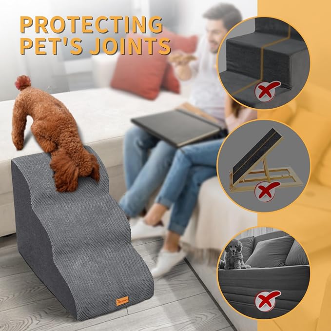 Topmart 3 Tiers Foam Dog Ramps/Steps,Non-Slip Dog Steps,Extra Wide Deep Dog Stairs,High Density Foam Pet Stairs/Ladder,Best for Older Dogs,Cats,Small Pets, Grey