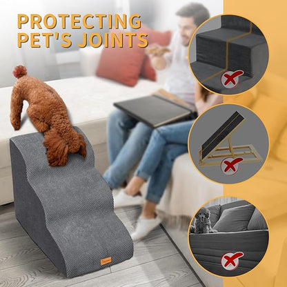 Topmart 3 Tiers Foam Dog Ramps/Steps,Non-Slip Dog Steps,Extra Wide Deep Dog Stairs,High Density Foam Pet Stairs/Ladder,Best for Older Dogs,Cats,Small Pets, Grey