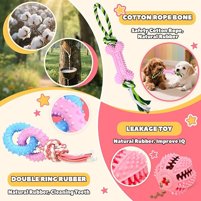 9 Pack Dog Toys for Small Dogs & Puppies Puppy Chew Toys for Teething No Stuffing Squeaky Rubber Chew Toys with Duck Toy, Donut, Cake, Dog Bone & Treat Ball for Calming Chewing Fun