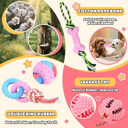 9 Pack Dog Toys for Small Dogs & Puppies Puppy Chew Toys for Teething No Stuffing Squeaky Rubber Chew Toys with Duck Toy, Donut, Cake, Dog Bone & Treat Ball for Calming Chewing Fun