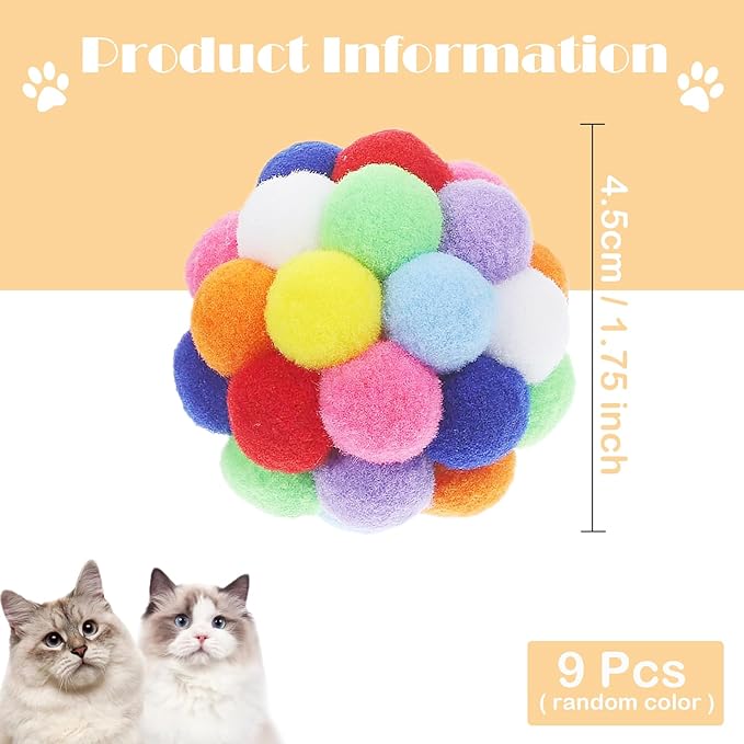 9PCS Cat Toy Balls, 1,75'' Soft Pom Pom Balls for Kittens, Colorful Soft Fuzzy Ball for Cats, Interactive Playing Chewing Toys for Indoor Cats and Kittens, Cute Kitty Toy