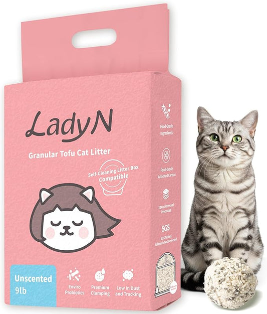 Lady N Granular Tofu Cat Litter Mini-Pellet Compatible with Automatic Self Cleaning Cat Litter Box, Strong Clumping, Low Dust, Odor Control Activated Charcoal 9lb
