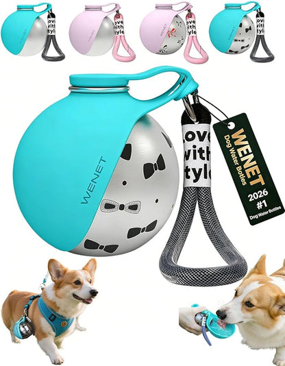 2-in-1 Portable Dog Water Bottle Leak Proof Stainless Steel Foldable Pet Water Bottle with Silicone Bowl Compact Travel Water Dispenser for Dogs One-Hand Operation for Walking Camping Travel (Blue-B)