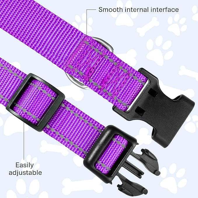 FunTags Reflective Dog Collar, Sturdy Nylon Collars for Puppy and Extra Small Girl and Boy Dogs, Adjustable Dog Collar with Quick Release Buckle,Purple,3/8" Width