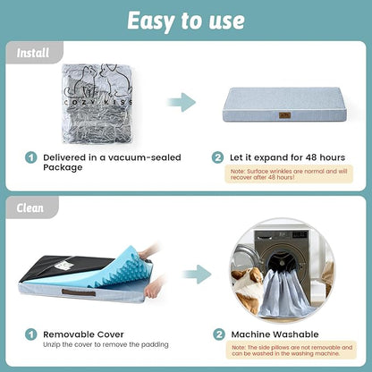 Cooling Dog Bed for Crate, Waterproof Dog Crate Mat with Removable Washable Cover, Orthopedic Egg Crate Foam Support, Dog Crate Bed 29x18x3 Inch,Light Blue