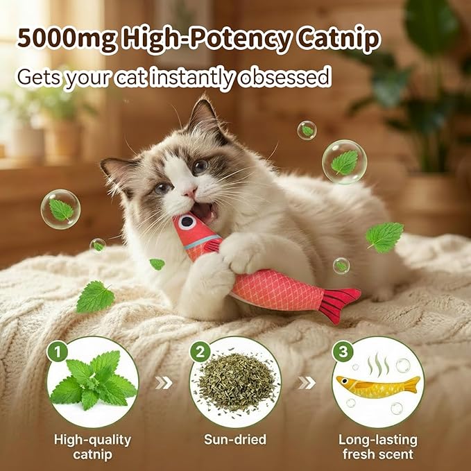 Cat Toys for Indoor Cats with 5000mg Natural Catnip Interactive Kicker Fish Toy of Crinkle Bell Sound Adult Cat Kittens Teeth Cleaning Easter Gifts Red Green