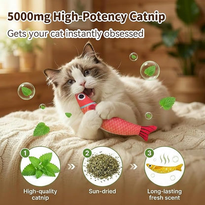 Cat Toys for Indoor Cats with 5000mg Natural Catnip Interactive Kicker Fish Toy of Crinkle Bell Sound Adult Cat Kittens Teeth Cleaning Easter Gifts Red Green
