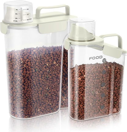 8-12 LBS Cat Dog Pet Food Storage Container, Plastic Dispenser Upgraded Large Nozzle, BPA-free, With Sealed Clasps, Measuring Cup and Handle, Easy to Clean and Carry -2 Packs Beige