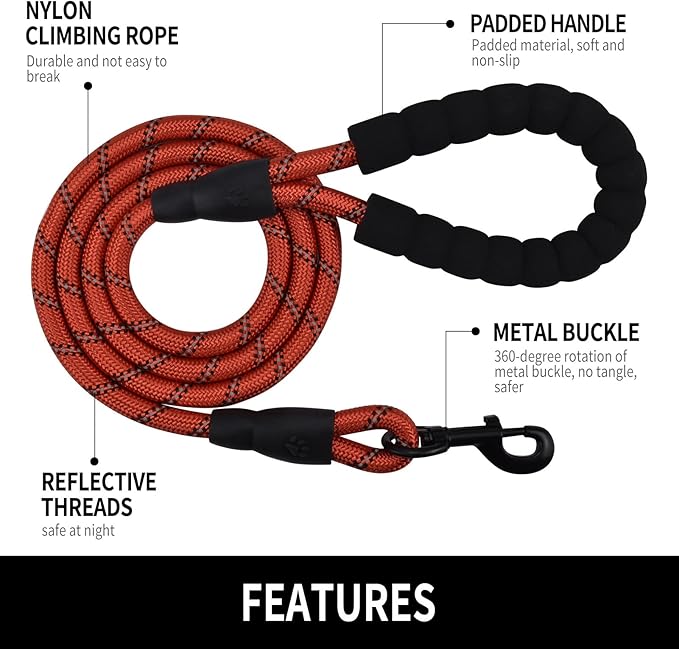 5/6 FT Strong Pet Dog Leash with Soft Padded Handle,Highly Reflective Rope for Night Walking,360-Degree Rotating Metal Buckle Without Tangles,Suitable for Small,Medium and Large Dogs.(5ft)