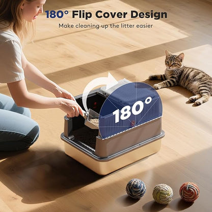FURTIME Small Stainless Steel Litter Box with Lid for Kitty, Metal Enclosed Cat Litter Box for Small Cats, Kitten Cat Box with High Sided Enclosure & Scoop, Odor Free, Anti-Leakage, Grey