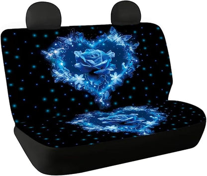 AFPANQZ Blue Rose Full Wrap Car Seat Covers Rear Bench Protection Cushion Backseat Mats Against Dirt & Pet Fur Dust-Proof Universal Car Accessories Decoration Set