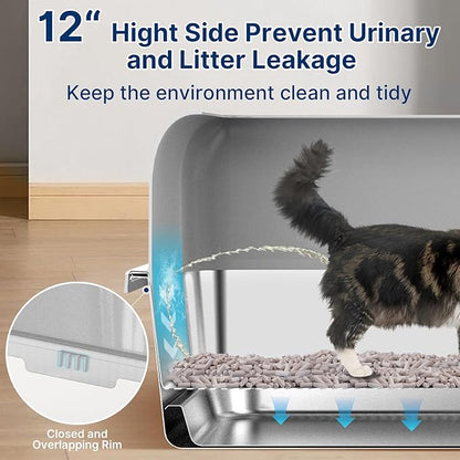 23.6"x15.7"x6" Stainless Steel Litter Box with Lid, XL Sifting Litter Box for Pine Pellets with Removable Drawer Pan for Easy Cleaning, High Sides Large Metal Litter Box System for Big Cats