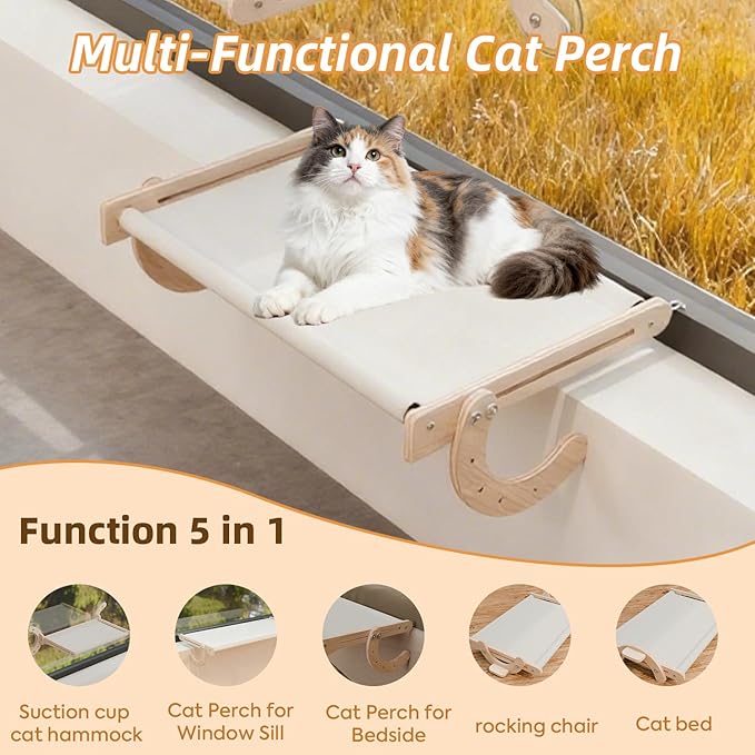 Cat Window Perch, Adjustable 4 in 1 Cat Hammock, Cats Window Bed for Windowsill, Bedside, Floor, Reinforced Wood and Metal Frame,4 Strong Suction Cups, Cordless Design(Grey, 18inch)
