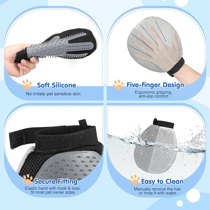 Pawaboo 2-in-1 Pet Hair Removal Glove – Reusable Electrostatic & Silicone Grooming Mitt for Dogs, Cats, Carpet, Couch, Car Seats & Clothing, Dual-Side Gentle Deshedding Tool, Easy to Clean