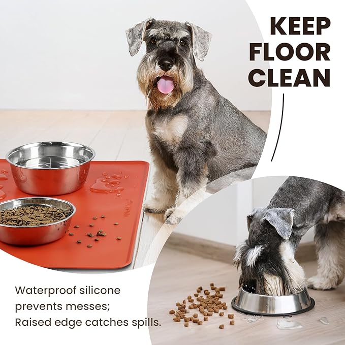 VIVAGLORY Dog Food Mat Flexmat Dog Bowl Mat, Placemat Food Tray with Raised Edges & Lip for Indoor Floor, Non Slip Waterproof Silicone Dish Placemat for Cat & Pet, S, Orange
