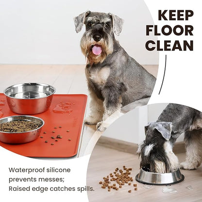 VIVAGLORY Dog Food Mat Flexmat Dog Bowl Mat, Placemat Food Tray with Raised Edges & Lip for Indoor Floor, Non Slip Waterproof Silicone Dish Placemat for Cat & Pet, S, Orange