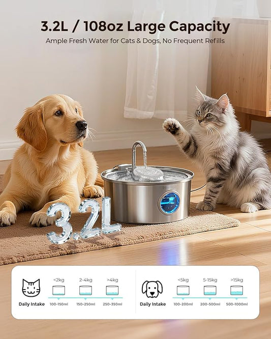 Cat Water Fountain Stainless Steel, 108oz/3.2L Pet Fountain with Large Water Level Window, Ultra Quiet Automatic Cat Water Dispenser for Cats and Dogs, 2 Flow Modes, Splash-Proof Design