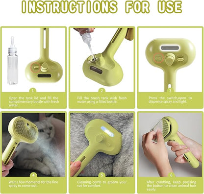 Cat/Dog Grooming Brush with Steamer - Deshedding Brush for Pet Hair, Bath Brush with Water Spray and Hair Comb (Yellow)