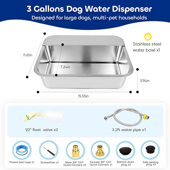 Automatic Dog Water Bowl Dispenser, 3 Gallon/11.6L Pet Water Dispenser for Cats and Large Dogs, 304 Stainless Steel Self Filling Auto Dog Water Feeder Outdoor Chicken Waterer for Livestock