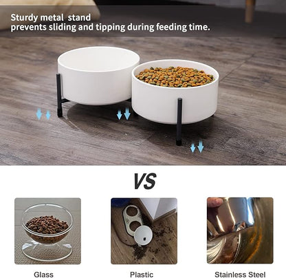 OMAYKEY 32 oz Ceramic Dog Cat Bowl Set of 2 with Elevated Metal Stand - 6 Inch Ceramic Round Pet Food and Water Feeder Bowl Dish for Cats & Dogs - White