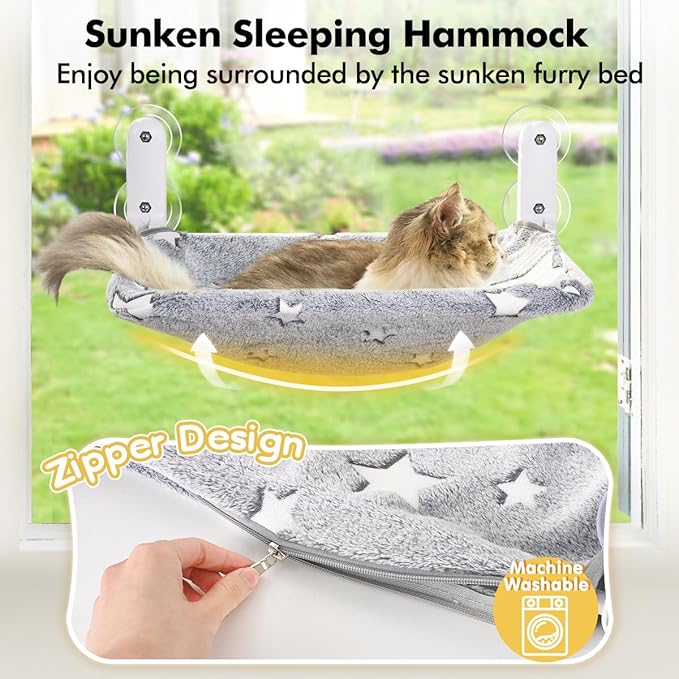 Cat Window Perch, Glow in The Dark Cordless Foldable Pet Hammock Bed for Window with Sturdy Metal Frame, Glowing Stars Pattern Resting Seat for Indoor Cats (Stars - M)