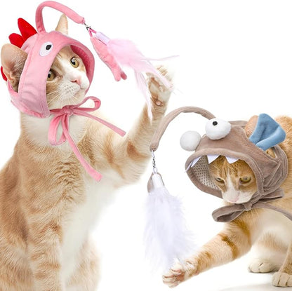POPETPOP Pet Cat Teaser Toy, Cat Feather Toys Head Mounted Cat Headgear Interactive Cat Hat Feather Toy Self-Service Adjustable Size Cat Hat Toy 2Pcs